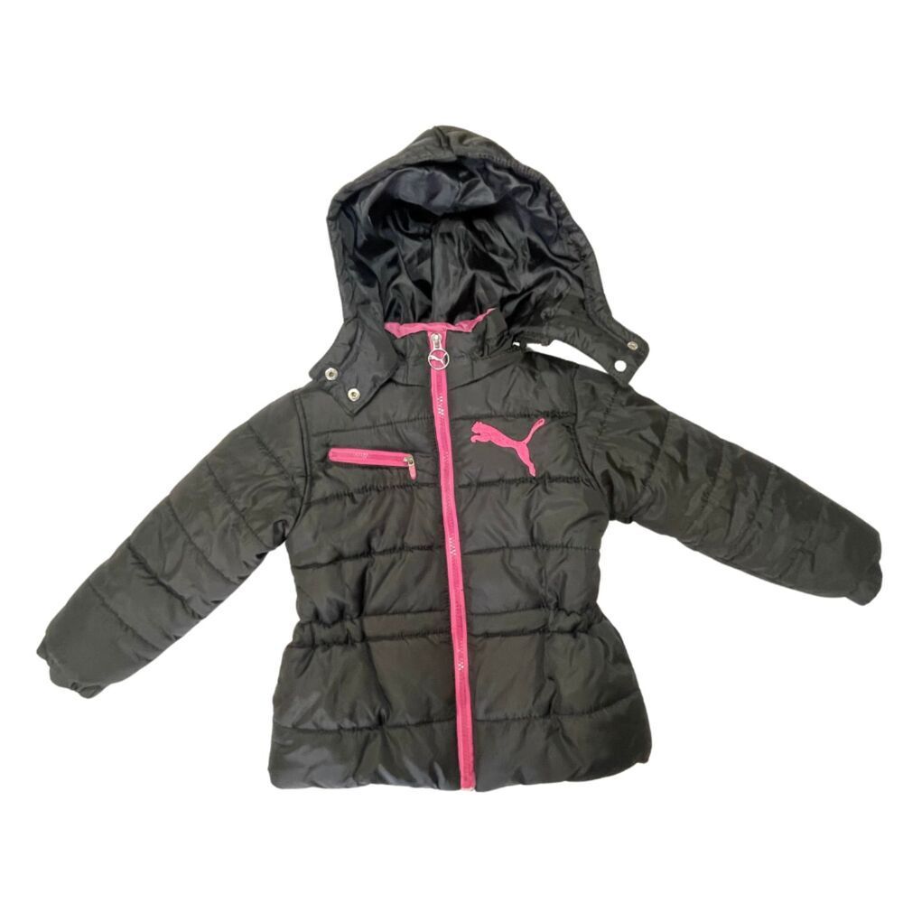 Puma Girls Puffer Hooded Jacket Size 4 Pockets Zip-Up Black & Pink